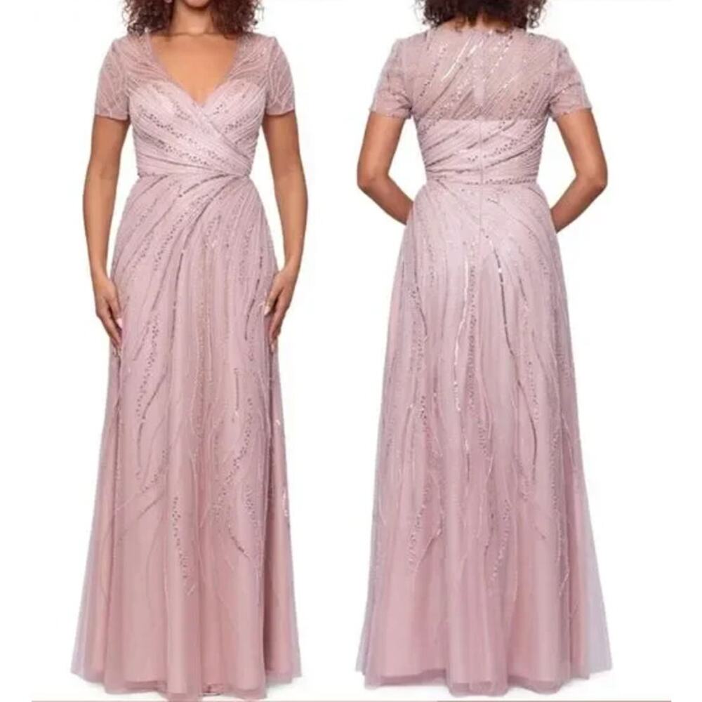 XSCAPE Beaded Sequin Maxi Dress Mesh V-Neck Short Sleeve Long Formal Gown NWT